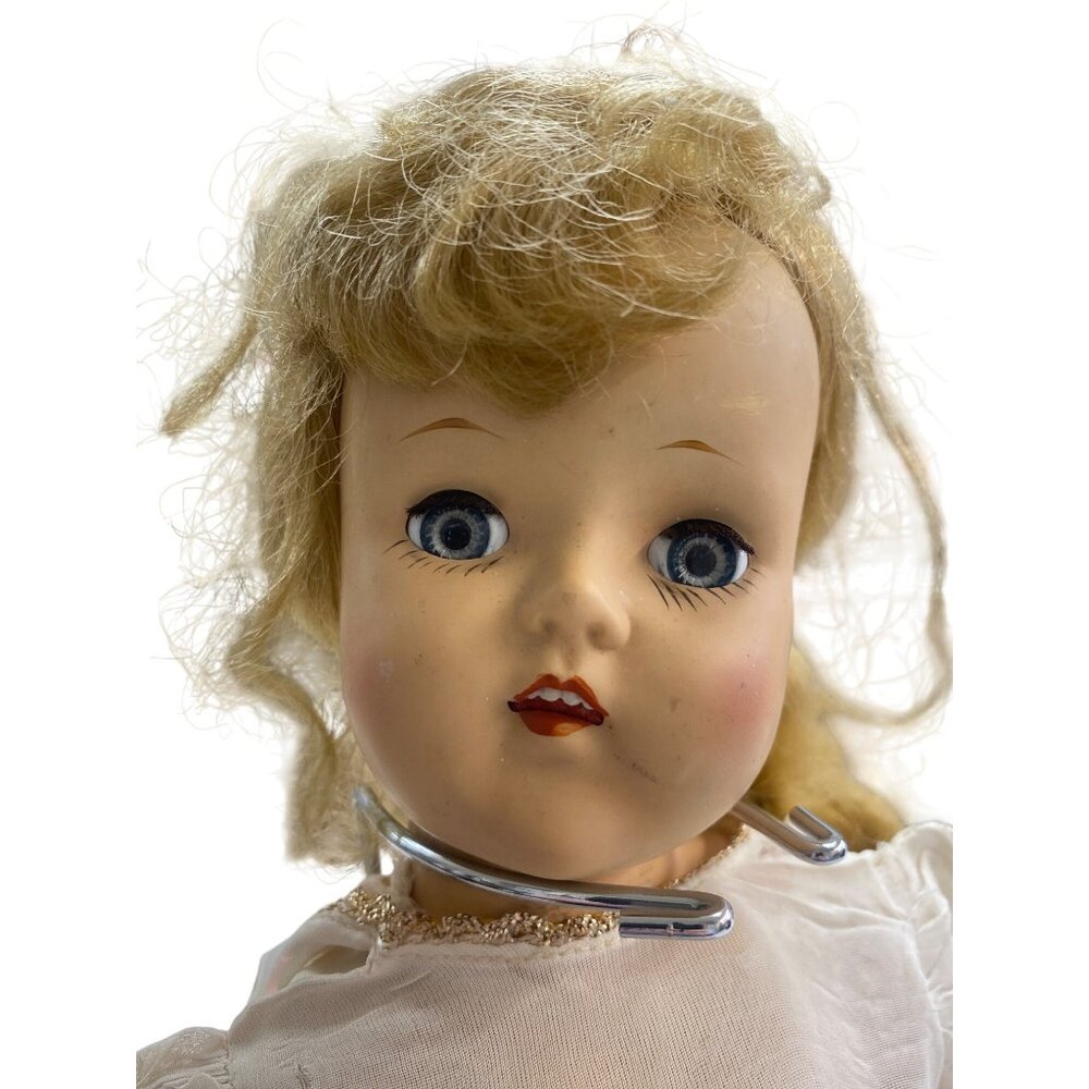 Antique Composition Doll White Dress Blue Eyes - Picture 9 of 9